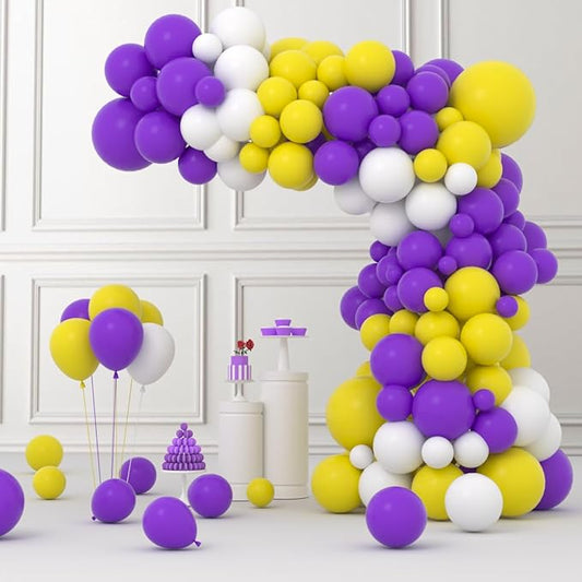 Purple and Yellow White Balloon Garland Arch Kit - 122pcs Yellow Purple White Balloons for Purple Birthday Wedding Anniversary Bridal Shower Retirement Basketball Party Decoration…