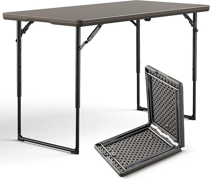 Folding Table 4FT Heavy Duty Plastic Table with Handle, Foldable&Portable, Fold-in-Half Utility Tables for Outdoor, Dining, Wedding, Events, Indoor, Picnic, Camping, Party, Khaki