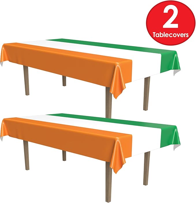 Beistle Irish Tablecovers, 54” x 108”, 2 Pieces – Plastic Table Cloth, Rectangular Tablecloth, Striped, St. Patrick’s Day, St. Patrick’s Day Decorations
