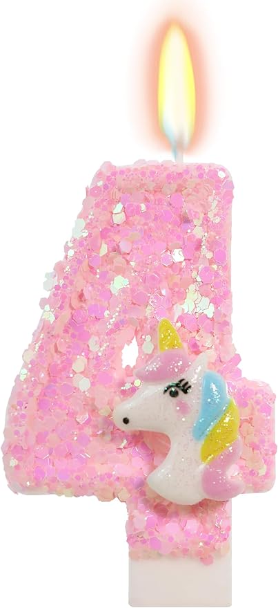Birthday Candles - Number 4 Candle, 4th Birthday Decorations Girl, Pink Unicorn Candles for Cake Topper, Cartoon Theme Party Supplies