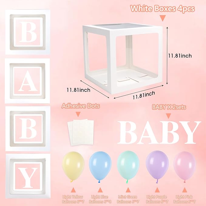 Voircoloria Baby Boxes with Letters for Baby Shower, Baby Shower Decorations with 4 Balloon Boxes for Gender Reveal Baby Shower Perfect for Easter Decorations(Pastel Balloons)