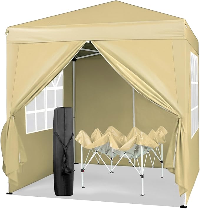 VINGLI 6.5x6.5 Pop Up Canopy Tent with Sidewalls, Outdoor Gazebo Canopy Tent, Patio Event Tents Outdoor Event Shelter for Parties (Khaki)