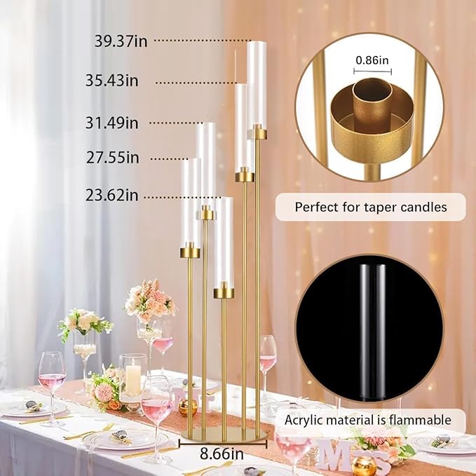 6PCS 5 Arm Candle Holder for Wedding Table,39.4'' Tall Gold Floor Candelabra with Acrylic Lampshade for Birthday Party Home Decoration,Fit LED Taper Candles