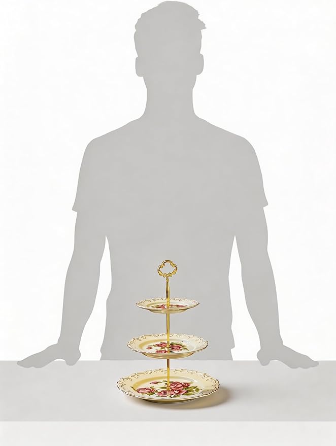 YOLIFE Red Rose Pattern 3 Tiered CupCake Stand, Emboss Golden Leaves Edge Porcelain 3 Tier Pastry Desert Fruit Stand