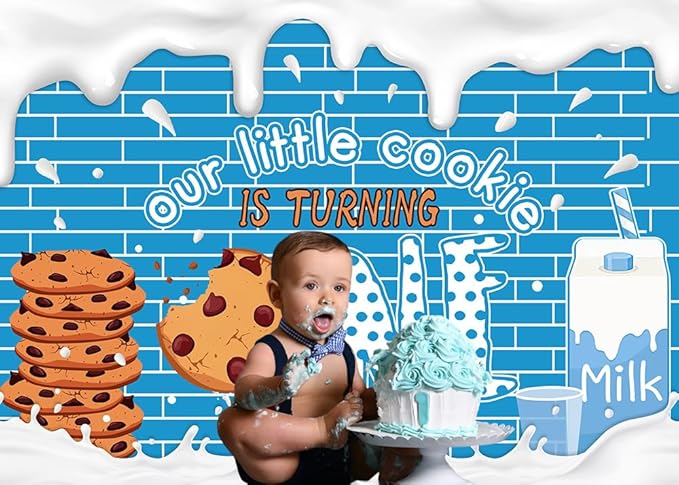 Mocscika Our Little Cookie is Turning One Backdrop Cookie Milk 1st Birthday Party Decoration for Boys Kids Blue Wall Decor Photography Background (White, 8x6ft(96''x72''))