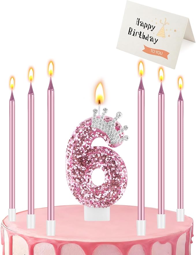 Birthday Candles for Cake, Pink Number Candles, Cake Candles with Greeting Card for Birthday Party Wedding Anniversary Celebrations (6 Candle, Silver Crown)