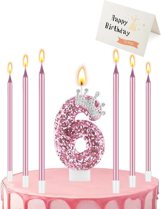 Birthday Candles for Cake, Pink Number Candles, Cake Candles with Greeting Card for Birthday Party Wedding Anniversary Celebrations (6 Candle, Silver Crown)