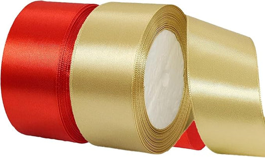 Gold Christmas Ribbon, Gold Red Satin Ribbon 1-1/2 Inch 50 Yards Fabric Ribbons for Christmas Party Decorations, Gift Wrapping, Tree Ornaments, Bouquets, Door Wreaths, Bows Making and DIY Crafts