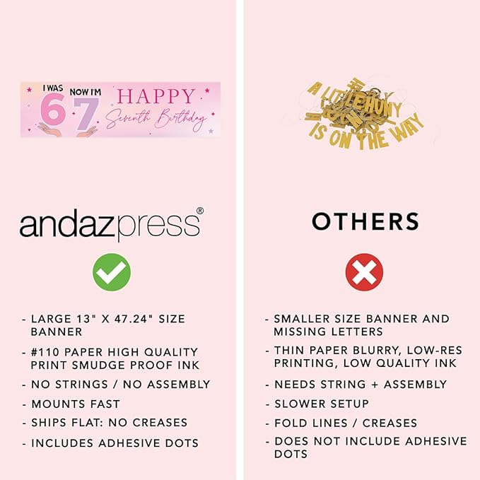 Andaz Press 13x48 Inch 6 7 Birthday Banner Decorations, I Was 6 Now I'm 7 Birthday Banner Pastel Purple Pink 67 Happy Birthday Party Banner for Girls, Home or Party Decor Backdrop Sign with Adhesive