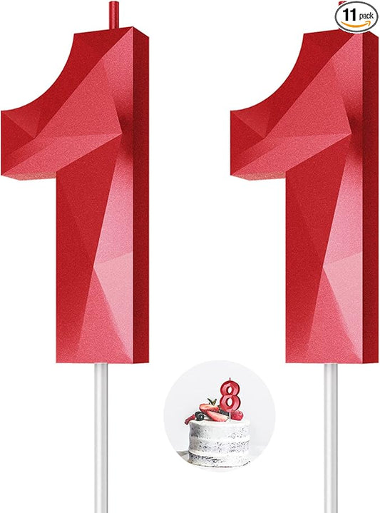 Number Birthday Candles(11 Candle Red) 3D Diamond Shape Number Happy Birthday Cake Candles for Birthday Party Wedding Decoration Reunions Theme Party
