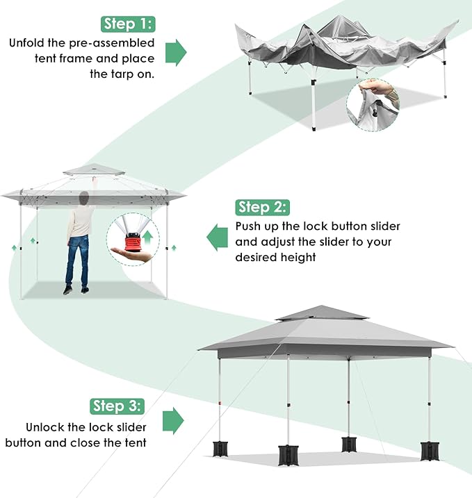 Arlopu Pop Up Canopy Tent with 1-Person Set up, Camping Instant Durable Shelter, Outdoor Gazebo Beach Shade with Wheeled Bag, 4 Sand Bags for Weight (Grey, 13FTX13FT)