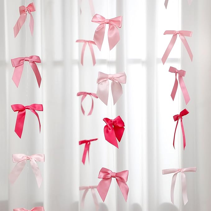 Taobary 8 Pcs 6.6 ft Bow Garland, Satin Ribbon Bow Banner Coquette Hanging Ornament for Photo Backdrop Birthday Party Wedding Bridal Baby Shower Wall Decorations(Bright Pink,Mix Size)