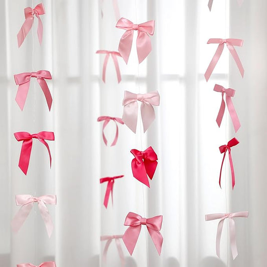 Taobary 8 Pcs 6.6 ft Bow Garland, Satin Ribbon Bow Banner Coquette Hanging Ornament for Photo Backdrop Birthday Party Wedding Bridal Baby Shower Wall Decorations(Bright Pink,Mix Size)