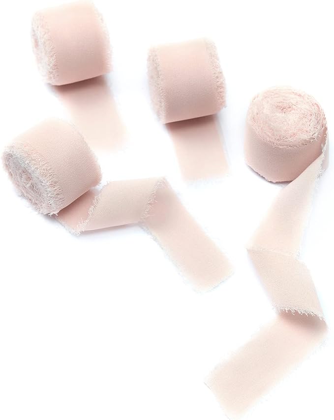 4 Rolls Blush Pink Handmade Fringe Chiffon Silk Ribbon 1" W x 5Yd Per Roll,Frayed Edges Ribbon Set for Gifts Wrapping,Wedding Invitations,Bouquets,DIY Crafts (1" x20Yd, Blush Pink)