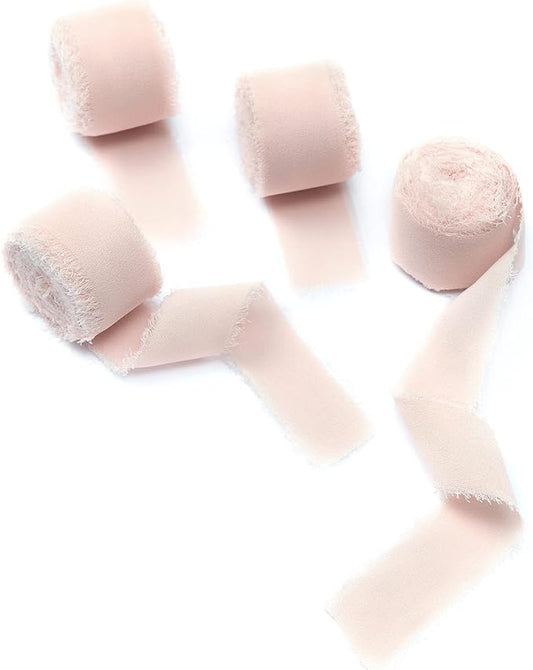 4 Rolls Blush Pink Handmade Fringe Chiffon Silk Ribbon 1" W x 5Yd Per Roll,Frayed Edges Ribbon Set for Gifts Wrapping,Wedding Invitations,Bouquets,DIY Crafts (1" x20Yd, Blush Pink)