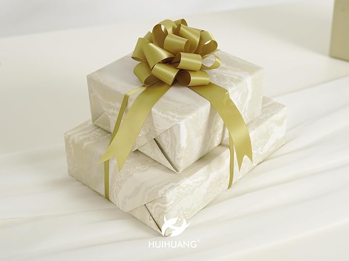 HUIHUANG Gold Christmas Bows for Gift Wrapping 12 PCS Gold Pull Bows 4" x 8" Satin Gift Bow for Presents, Gift Basket, Paper Bag, Wrapping Accessories, Wreaths, Wedding Christmas Decor