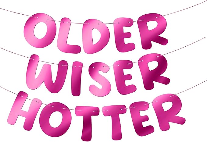 Fulmoon Set of 3 Pre Strung Older Wiser Hotter Glitter Banner Funny Birthday Banner for Women 30th 40th 50th 60th 70th 80th Birthday Party Decorations Sign Gift(Bright Hot Pink)