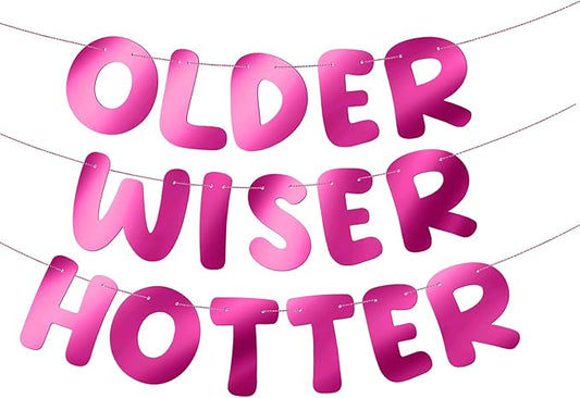 Fulmoon Set of 3 Pre Strung Older Wiser Hotter Glitter Banner Funny Birthday Banner for Women 30th 40th 50th 60th 70th 80th Birthday Party Decorations Sign Gift(Bright Hot Pink)