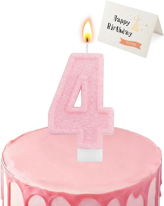 Birthday Candles for Cake, Pink Number Candles, Cake Candles with Greeting Card for Birthday Party Wedding Anniversary Celebrations (Bright Pink 4 Candle)