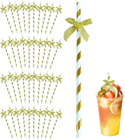 Ouliget Butterfly Stripe Paper Straws,Butterfly Ribbon Decor Disposable Party Drinking Straws, Decoration Supplies Set for Valentine's Day, Brithday, New Year, Party,40 Pieces (Golden)