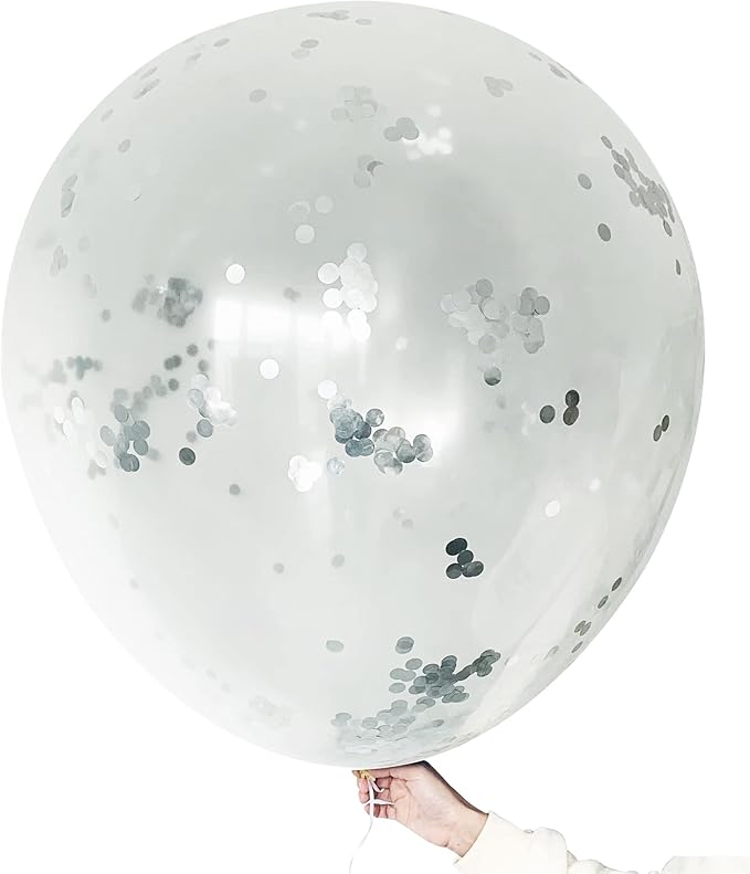 Large Balloons 36 inch Silver Latex Confetti Round Balloons,6PCS Giant Latex Balloons for Birthday Wedding Party Baby Shower Carnival Father's Day Festival Decorations