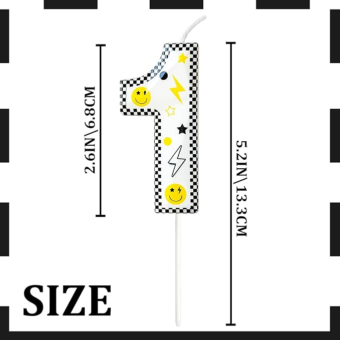 Number 1 Birthday Candle for Cake – 2.7 Inch Large Size Black White Checkered Smiley Design with Lightning & Star – One Happy Dude Theme Cake Topper Decoration