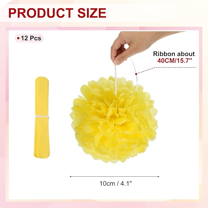 PATIKIL 4inch Tissue Paper Pom Poms, 12PCS Pom Poms Paper Flowers Ball Tissue Paper Flowers for Wedding Bridal Shower Birthday Bachelorette Party Backdrop Decoration, Light Yellow