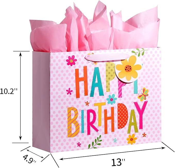 Bobobag 13" Pink Gift Bag with Tissue Paper for happy Birthday large gift bags for Girls