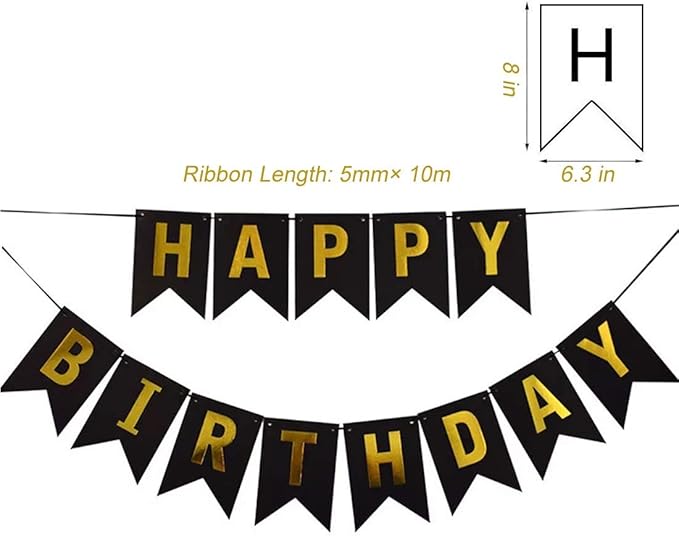 Black HAPPY BIRTHDAY Banner with 5 pcs Gold Confetti Balloons