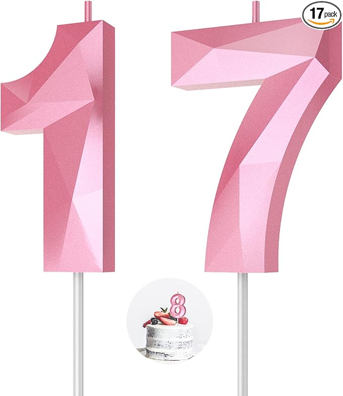 Number Birthday Candles(17 Candle Pink) 3D Diamond Shape 17th Happy Birthday Cake Topper Decorations for Girl Women Birthday Wedding Anniversary Celebration Theme Party Supplies
