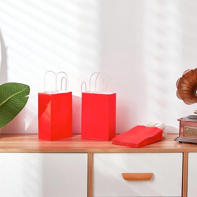 SUNCOLOR 12-Pack Red Gift Bags with Handles, 8 Inch Recyclable Paper Goodie Bags for Birthday Party Favors, Christmas, Valentine's Day, Weddings
