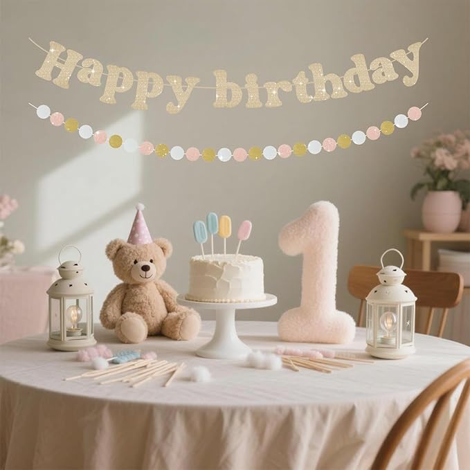 Champagne Gold Happy Birthday Banner, Pre-Strung Happy Birthday Sign, Glitter Birthday Party Supplies with Circle for Party Door Wall Mantle Hanging Sign Backdrop Decorations
