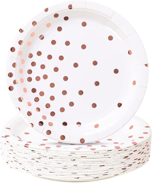 Rose Gold Paper Plates 100PCS,White and Rose Gold Dots Party Paper Plates,Disposable Dessert Plate Great for Birthday,Wedding,Bridal Showers,Cocktail Party,Anniversaries(7inch)