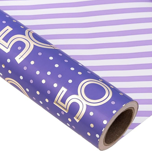 MAYPLUSS Reversible Birthday Wrapping Paper Roll - Mini Roll - 17.3 Inch X 32.8 Feet - Purple 50th Birthday with Glitter Metallic Foil/Stripes (47.3 sq.ft.ttl)