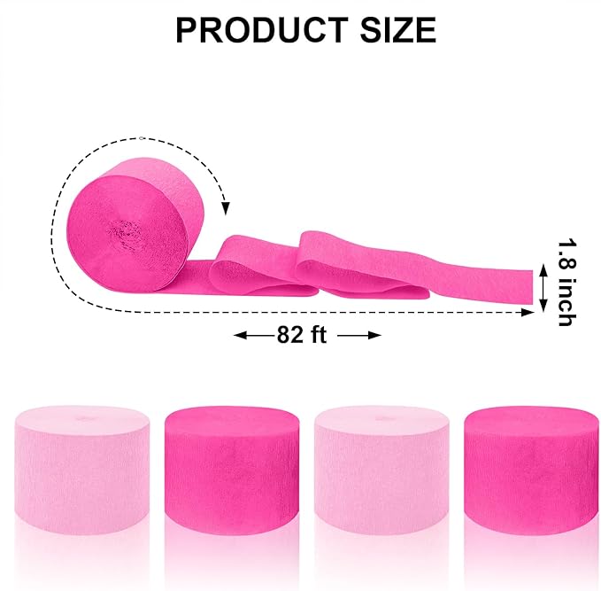 4 Crepe Paper Streamers Rolls, 328ft Pack of Hot Pink and Pink Crepe Paper for Birthday Bachelorette Engagement Wedding Bridal Shower Party Supplies (1.8 inch x 82 ft/Roll)