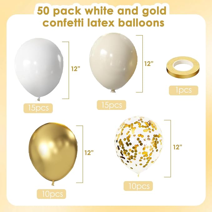 White and Gold Confetti Balloons - 50pcs 12 Inch Metallic Champagne Gold Matte Sand Beige White Latex Balloons for Birthday Graduation Wedding Gender Reveal Party Decorations