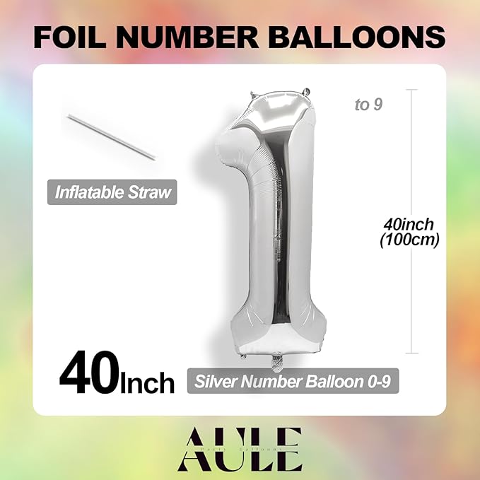 AULE 40 Inch Large 10 Balloon Numbers Silver, Big Foil Number Balloons, Giant Helium Happy 10th Birthday Party Decorations for Man and Women, Huge Mylar Anniversary Party Supplies