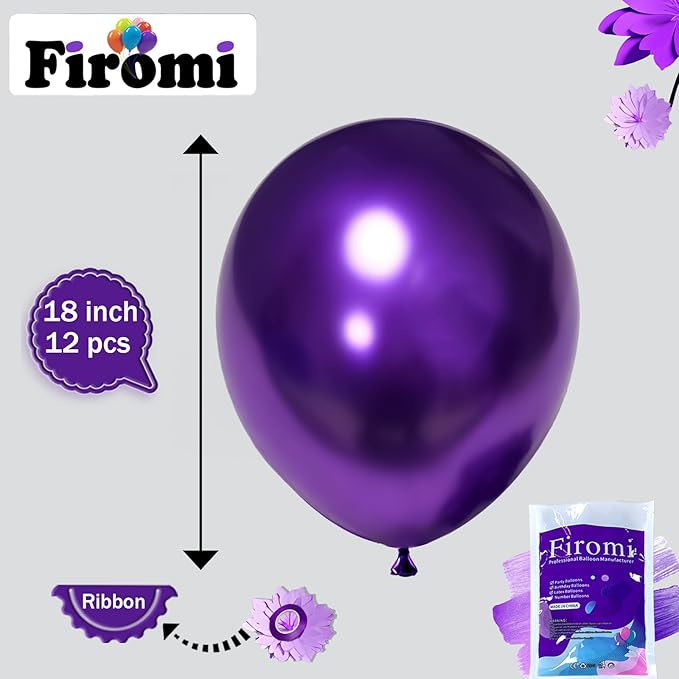 Firomi Metallic Purple Balloons 18-inch 12 Pack Large Helium Shiny Round Big Chrome Purple Thicken Latex Balloon for Birthday Party Bridal Shower Purple Party Balloons (with 1 Ribbon)