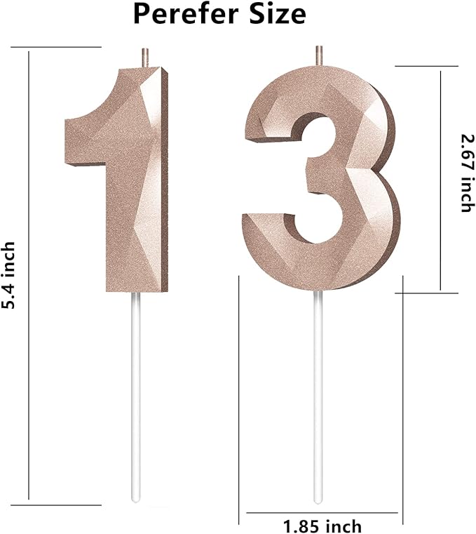 Number Birthday Candles(13 Candle Rose Gold) 3D Diamond Shape Number Happy Birthday Cake Candles for Birthday Party Wedding Decoration Reunions Theme Party