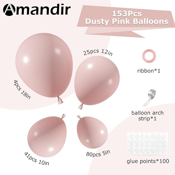 Amandir 153pcs Dusty Pink Balloons Arch Garland Kit Different Sizes 18 12 10 5 Inch Rose Boho Blush Lilac Pink Latex Balloon Mother Princess Birthday Wedding Anniversary Bachelorette Party Decorations