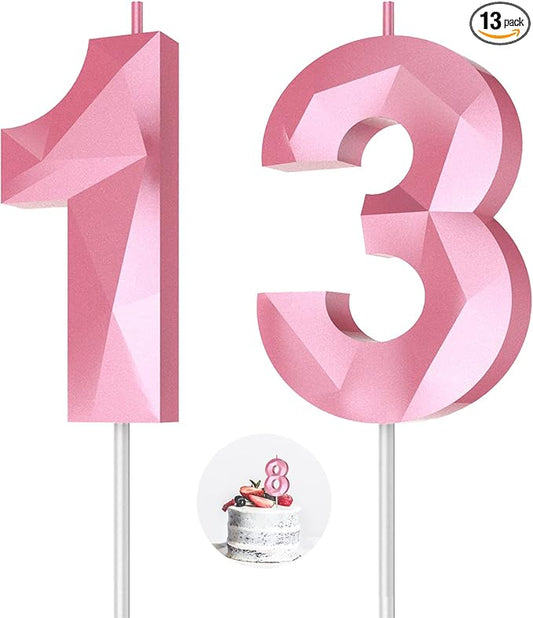 Number Birthday Candles(13 Candle Pink) 3D Diamond Shape 13th Happy Birthday Cake Topper Decorations for Girl Women Birthday Wedding Anniversary Celebration Theme Party Supplies