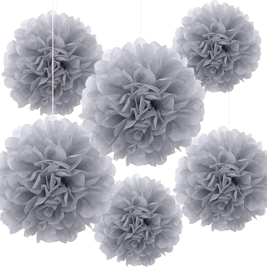 Binpeng Paper Pom Poms Hanging Paper Flower Ball Wedding Celebrations Decorations Outdoor Decoration Flowers Craft for Birthday Party (Gray 6PCS)