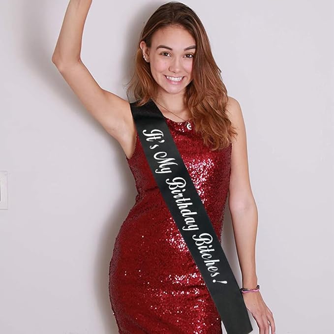 It's My Birthday Bitches!' Birthday Sash, Silver Foil Black Birthday Sash for Women 21st 30th 40th Fun B-day Party Suppiles