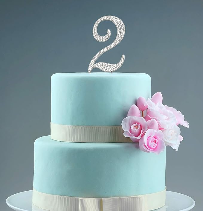 Sparkly Rhinestones Number 2 Cake Topper, Birthday Wedding Anniversary Silver Number 2
