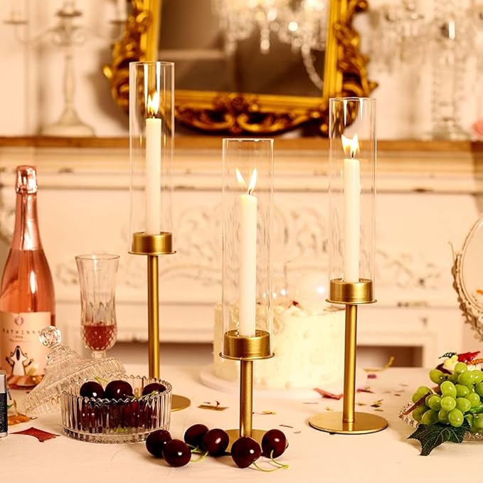 Gold Hurricane Glass Candle Holders 3pc,Taper Candle Holders Candlestick Holders Wedding Table Centerpiece Decoration Christmas Party