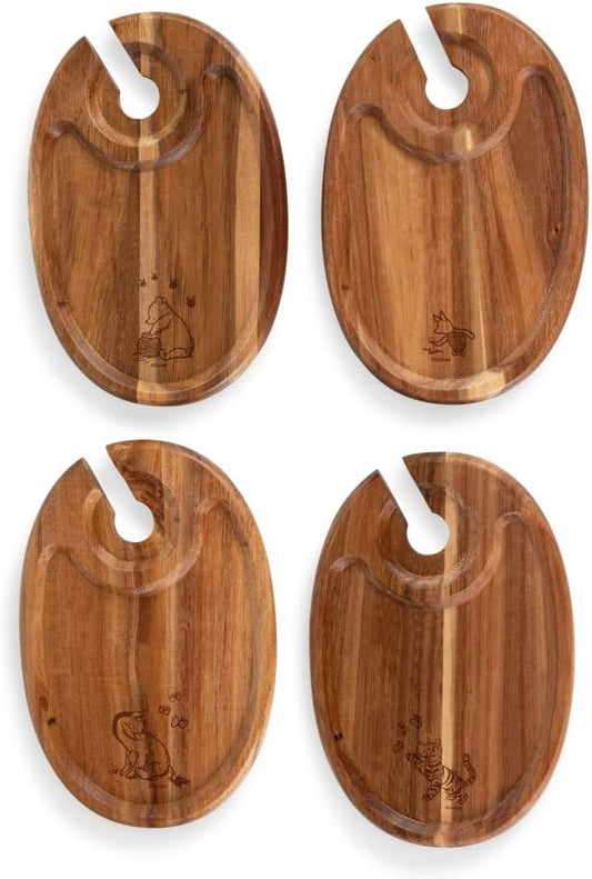 PICNIC TIME Disney Winnie the Pooh Wine Appetizer Plate Set of 4 with Glass Holder, Acacia Wood Cocktail Plates for Cheese Charcuterie and Easy Entertaining, (Acacia Wood)
