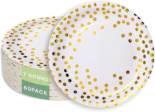 Stylish White Paper Plates 60 Count,Eco Compostable Plates,7 Inch White Foil Polka Dots Small Paper Plates Disposable Plates for Daily Use,Party,Mothers day, Birthday,Wedding