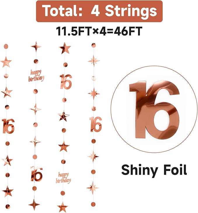 GCQQ 16th Birthday Decorations for Girls – 46FT Rose Gold Happy Birthday Number 16 Star Circle Dot Star Garland Set (14M) 4 Packs Pre-Strung Metallic Hanging Streamers for Sweet 16 Party Backdrop