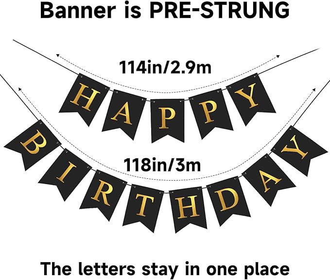 Happy Birthday Banner Birthday Party Banner NO DIY Happy Birthday Sign Pre-Strung Birthday Hanging Decoration for Women Men Girl Boy Party Supplies (Black and Gold)