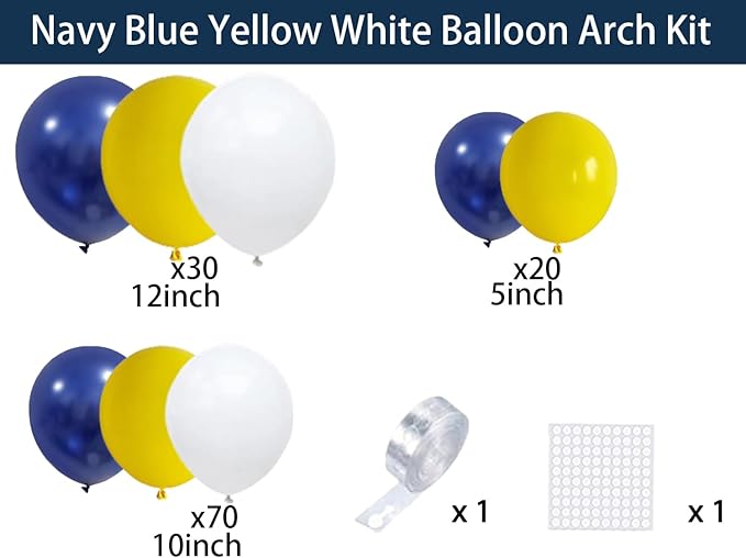 Navy Blue Yellow White Balloon Arch Garland Kit, 122PCS Dark Blue and Yellow Balloons White Balloons for Wedding Retirement Christmas 2025 Graduation Birthday Party Decors